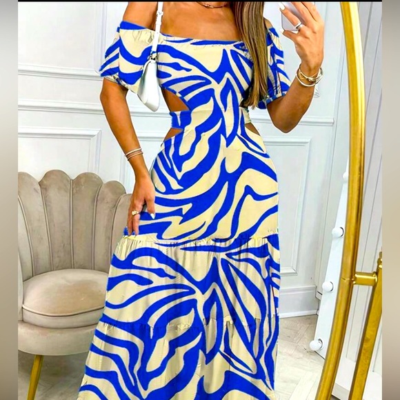 Dresses & Skirts - Blue and cream colored all over print off the shoulder, ruffle  dress